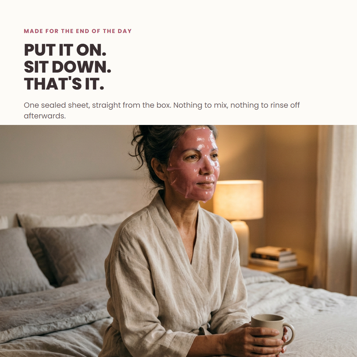 Woman relaxing at home wearing the Veloura gel mask