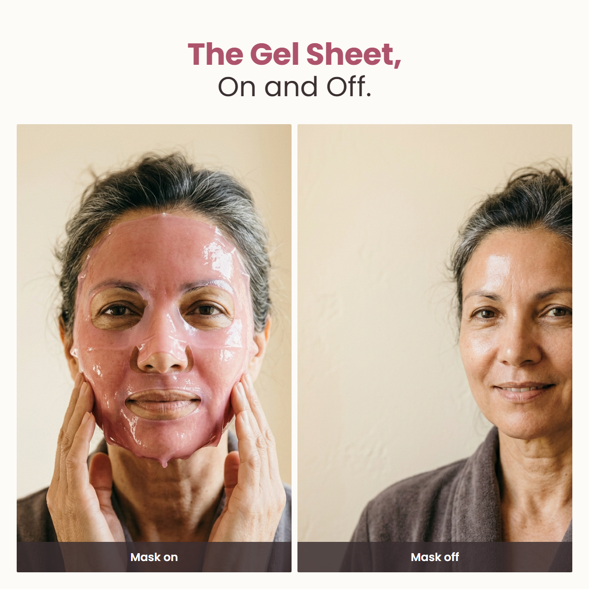 Veloura gel sheet mask on and off