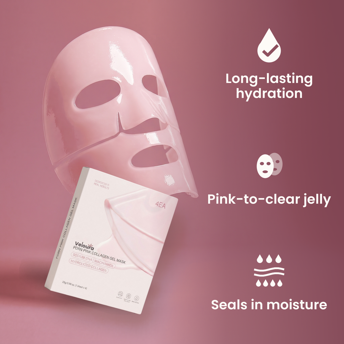 Veloura PDRN Collagen Jelly Mask — Benefits: pink jelly sheet beside the 4-sheet carton, long-lasting hydration