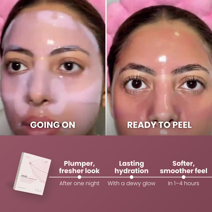 Veloura PDRN Collagen Jelly Mask — Going on vs ready to peel: the sheet turns from pink to clear as it wears